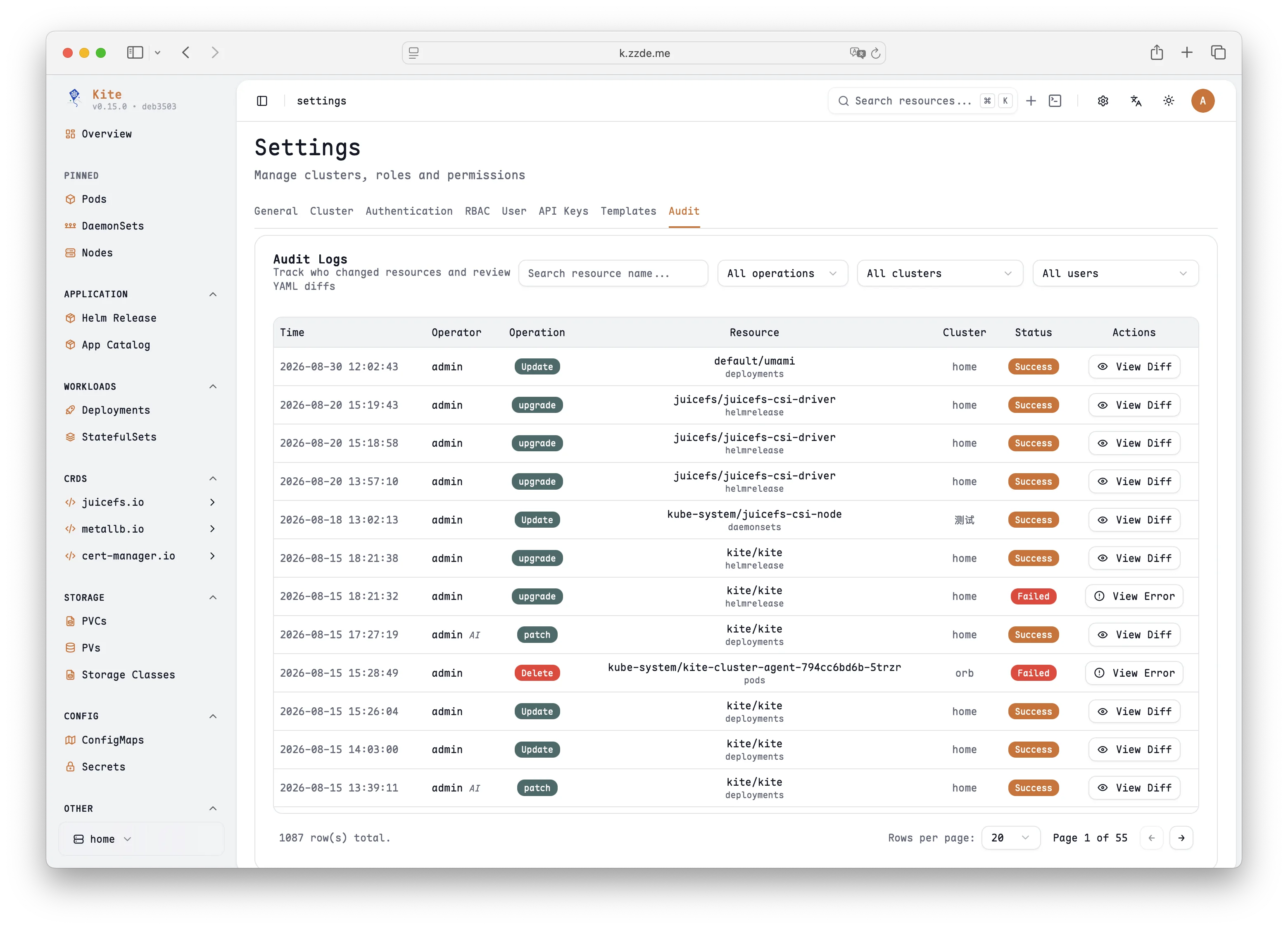 Kite 审计日志展示操作用户、Kubernetes 资源变更、集群、状态和差异