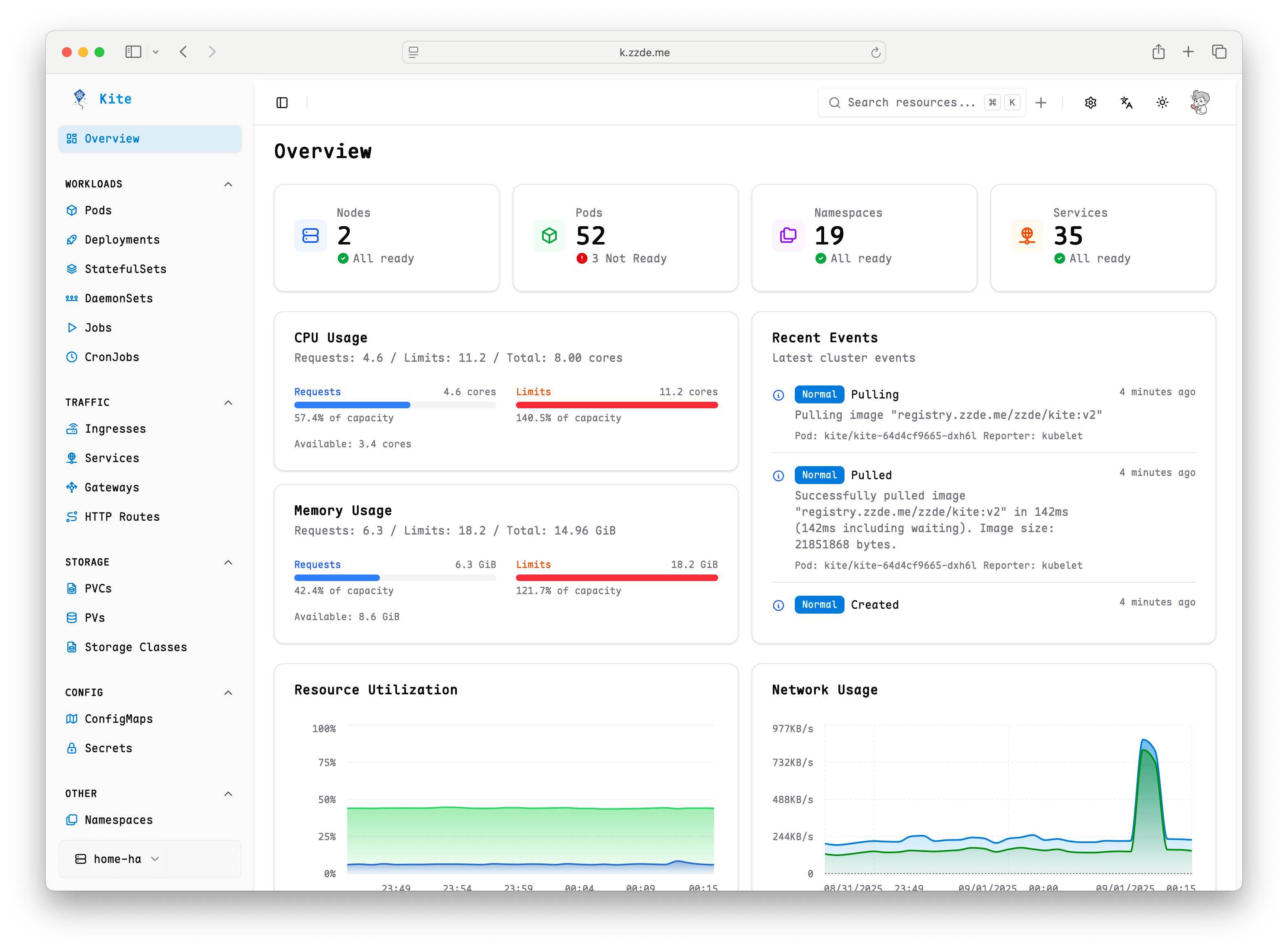 Kite dashboard showing cluster health, workloads, events, and resource usage