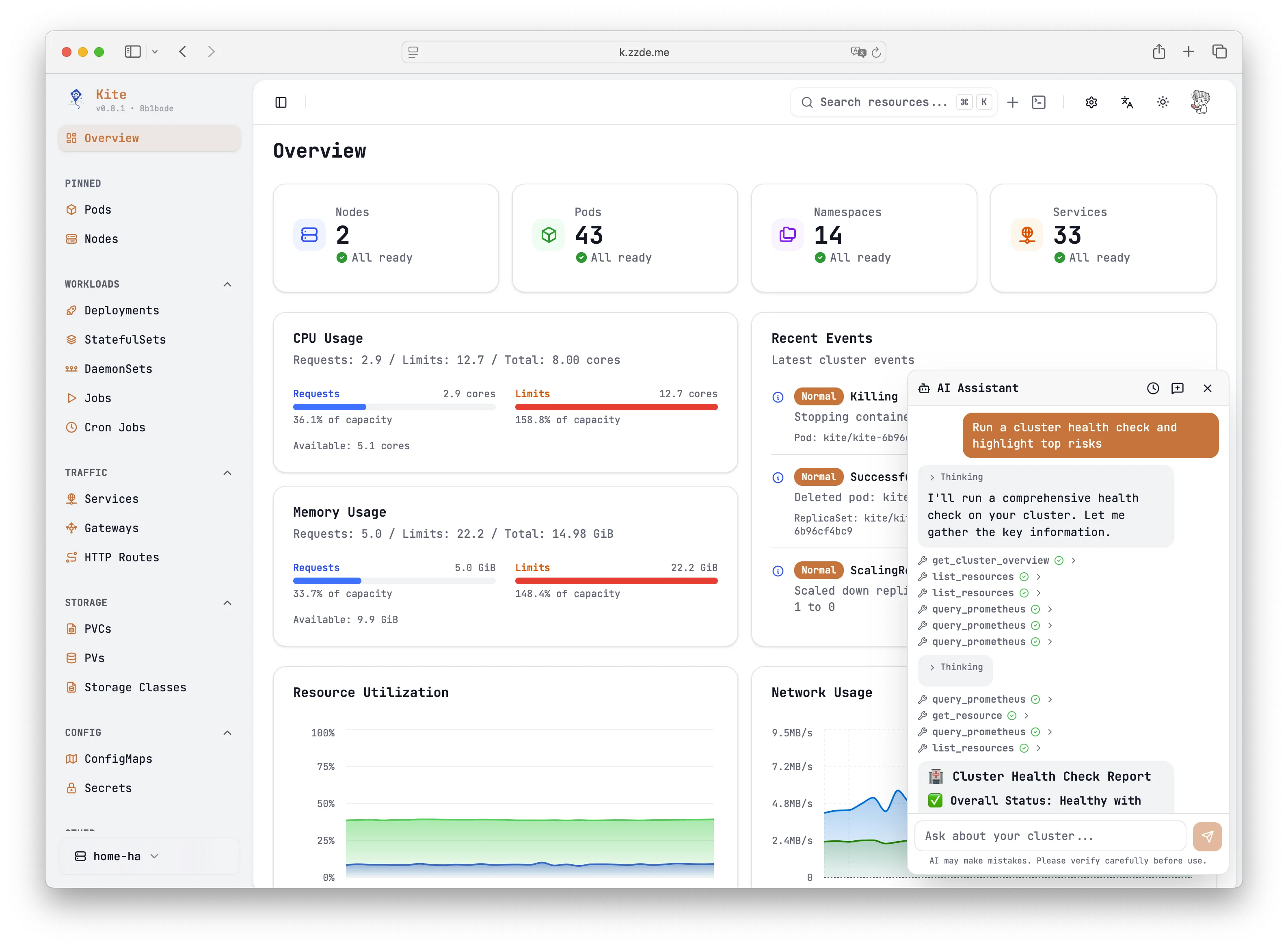 Kite 仪表盘展示 Kubernetes 集群资源和实时健康状态